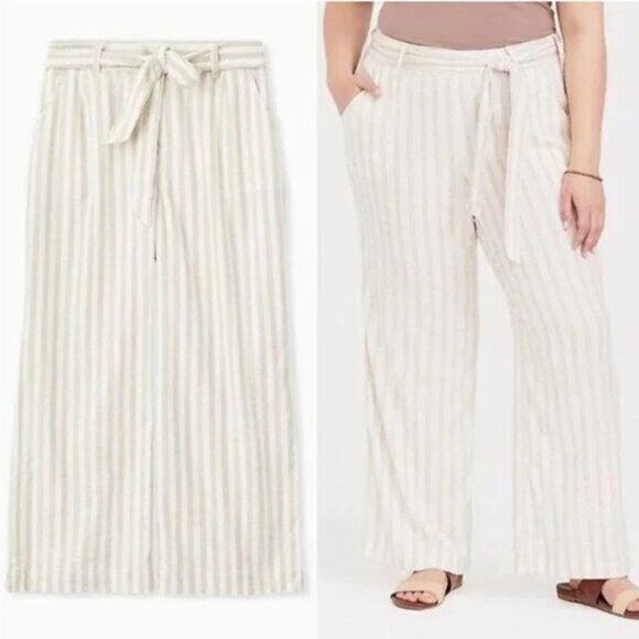 [Torrid] Tan Cream Linen Blend Striped Wide Leg Pants High Rise Casual Size 24 - Picture 1 of 12